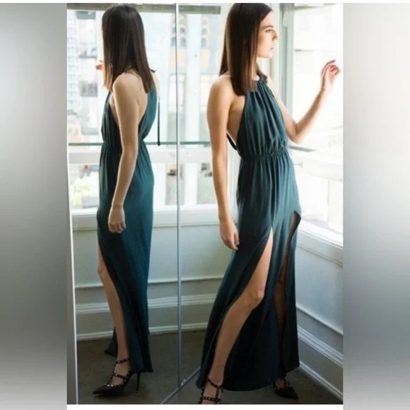 Stone Cold Fox Onyx Maxi Slit Halter Dress Gown in Emerald Size 0 - Picture 12 of 15